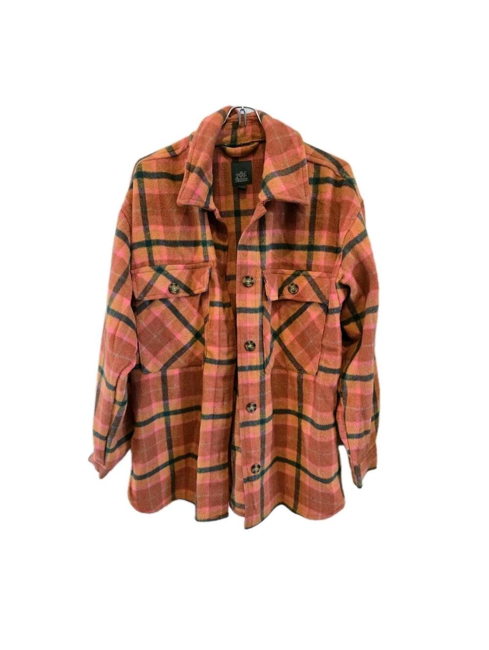 Flannel Shacket Wild Fable Orange Plaid Womens Small Oversized Thick Wool Blend